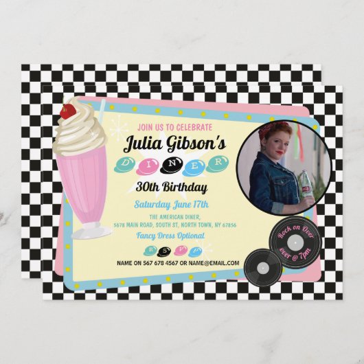 50年代のダイナーの誕生日のレトロのパーティーの五十年代の写真50s 招待状 (正面/裏面)