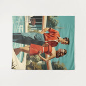 50年代のプールサイドのカップル タペストリー (正面(横))