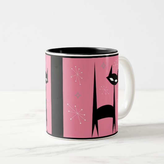 50年代のレトロの黒猫のピンクのポップアートのコーヒー・マグ ツートーンマグカップ (正面右)