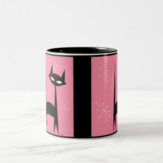 50年代のレトロの黒猫のピンクのポップアートのコーヒー・マグ ツートーンマグカップ (中央)
