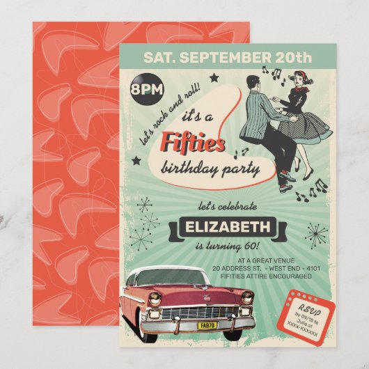 50年代のロックアビリー誕生日パーティーグリーン 招待状 (正面/裏面)