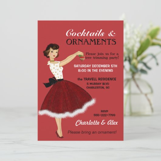 50年代の主婦のクリスマスの休日のグリッターのスカートの毛皮 招待状 (スタンド正面)