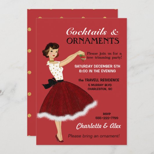 50年代の主婦のクリスマスの休日のグリッターのスカートの毛皮 招待状 (正面/裏面)