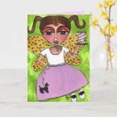 50年代の妖精及びプードルのスカート-挨拶状 カード (黄色い花)