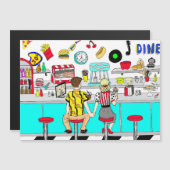 50年代の懐かしいカップルが手を握るDiner マグネット招待状 (正面/裏面)