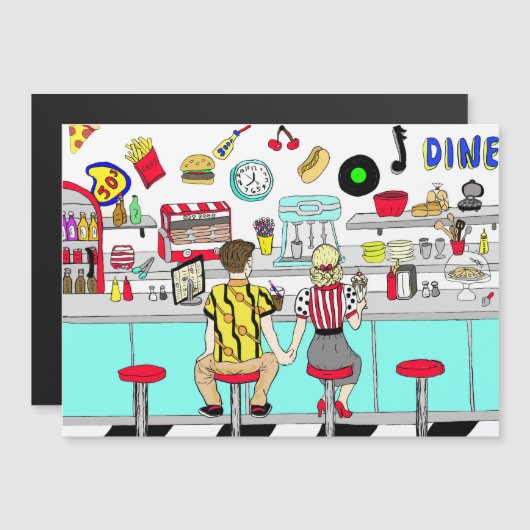 50年代の懐かしいカップルが手を握るDiner マグネット招待状 (正面/裏面)