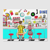 50年代の懐かしいカップルが手を握るDiner マグネット招待状 (正面)
