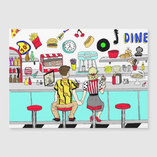 50年代の懐かしいカップルが手を握るDiner マグネット招待状 (正面)