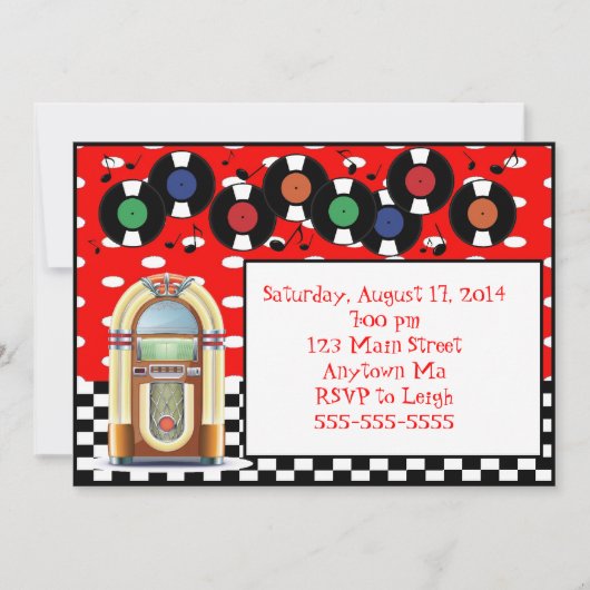 50年代の石nロールジュークボックスの誕生日の招待状 招待状 (正面)