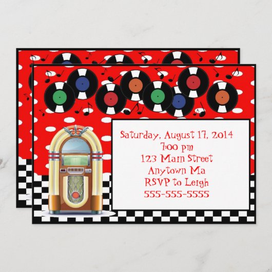 50年代の石nロールジュークボックスの誕生日の招待状 招待状 (正面/裏面)
