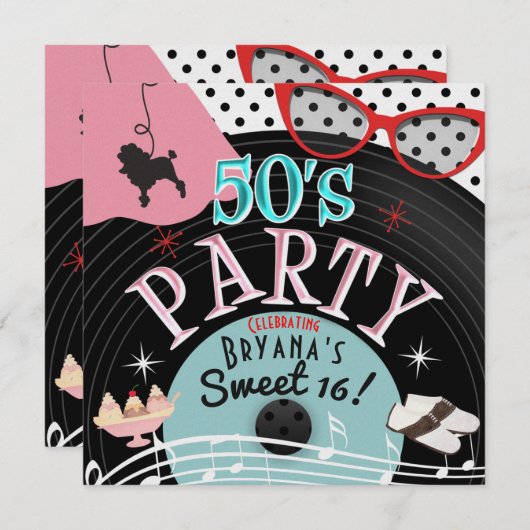 50年代の1950年代のレコードテーマパーティー招待状 招待状 (正面/裏面)