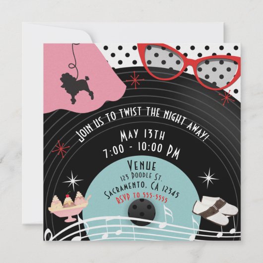 50年代の1950年代のレコードテーマパーティー招待状 招待状 (裏面)