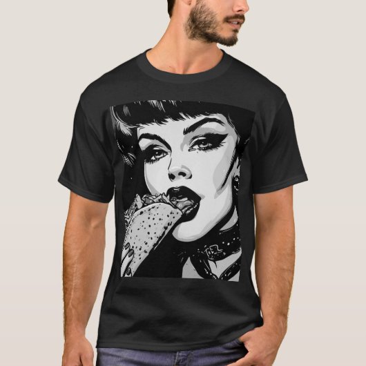 50年代のBWグラフィックスタイル ゴス娘のタコス食べる Tシャツ (正面)