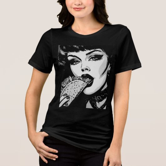 50年代のBWグラフィックスタイル ゴス娘 タコスを食べる トライブレンドTシャツ (正面)