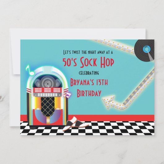 50年代ジュークボックスダンスパーティーソックホップ 赤い招待状 招待状 (正面)