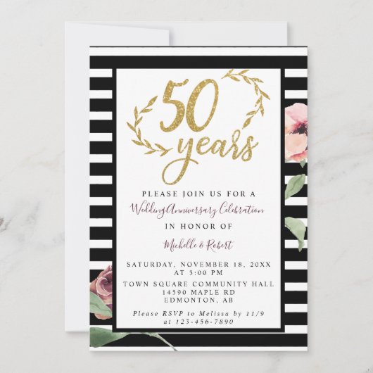 50年記念レ結婚ッドローズ金ゴールドグリッター 招待状 (正面)