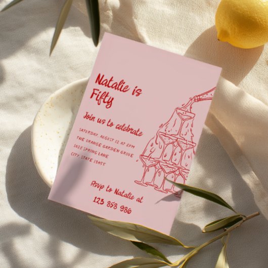 50手描きシャンパンタワーフィフティ誕生日 招待状