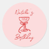 50手描きピンクボウシャンパングラス誕生日 ラウンドシール (正面)