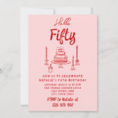 50手描きピンクレッドケーキハローフィフティ誕生日 招待状 (正面)