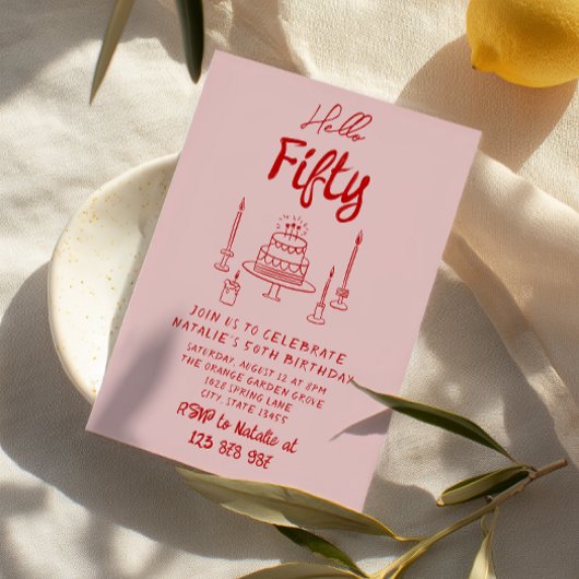 50手描きピンクレッドケーキハローフィフティ誕生日 招待状
