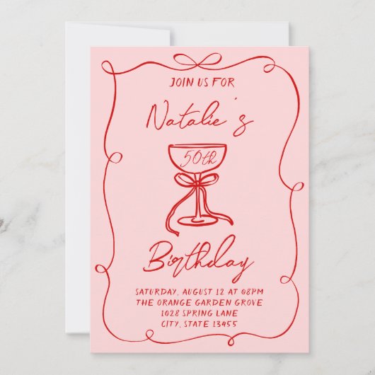 50手描きレッドボウマルチニ5誕生日 招待状 (正面)