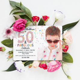 50才おめでとう フォト 50歳の楽しい誕生日会 ピンク 招待状