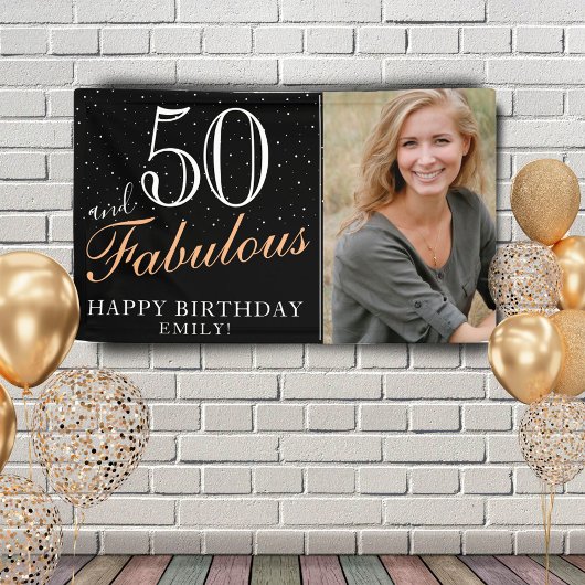 50才おめでとう モダンな黒の50歳の誕生日フォト 横断幕
