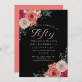 50才の素敵なコーラルローズの箔押し誕生日パーティー 招待状 (正面/裏面)