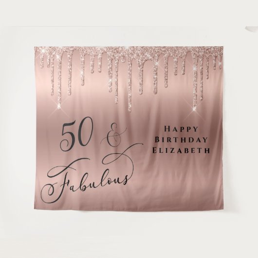 50才の輝くローズゴールドグリッター誕生日パーティー タペストリー (正面(横))