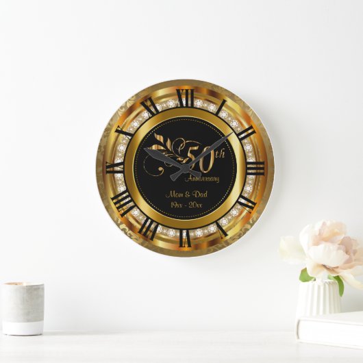 50日エレガント金ダイヤモンド記念日 ラージ壁時計 (ホーム)