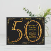 50日,誕生日パーティー,50,ギャツビー,ブラック&金ゴールド 招待状 (スタンド正面)