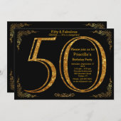 50日,誕生日パーティー,50,ギャツビー,ブラック&金ゴールド 招待状 (正面/裏面)
