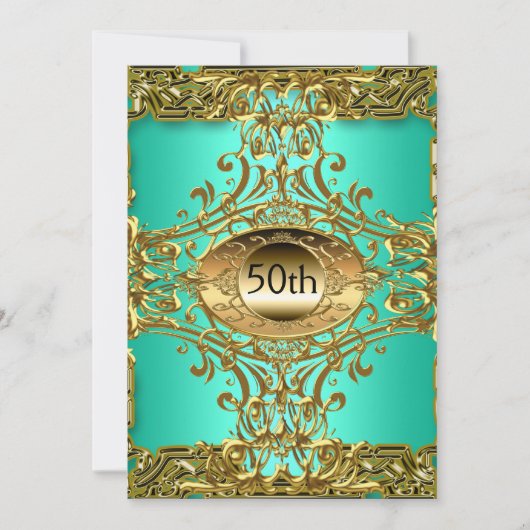 50最高の番金ゴールドティール（緑がかった色）誕生会 招待状 (正面)