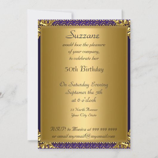 50最高のth金ゴールドブルーバースデーパーティー 招待状 (裏面)