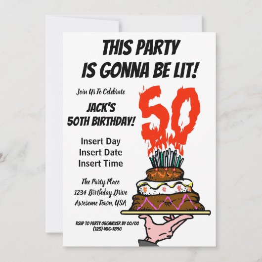 50本のろうそくがついた炎の誕生日ケーキ カード (正面)