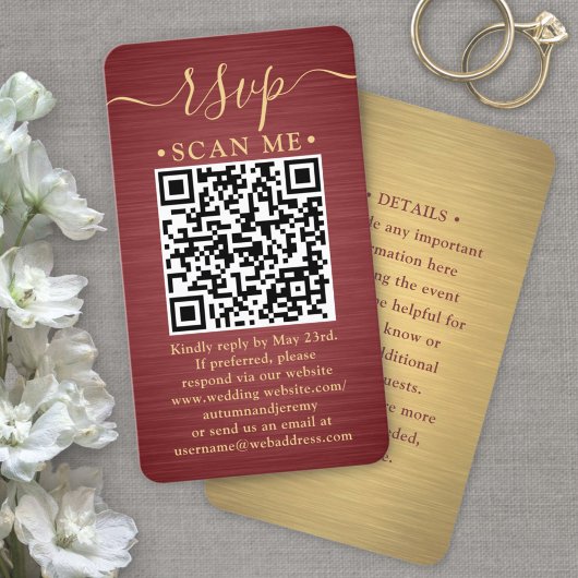 50枚セット QRコード付 RSVP バーガンディ&ゴールド 結婚式 招待状 封筒 名刺