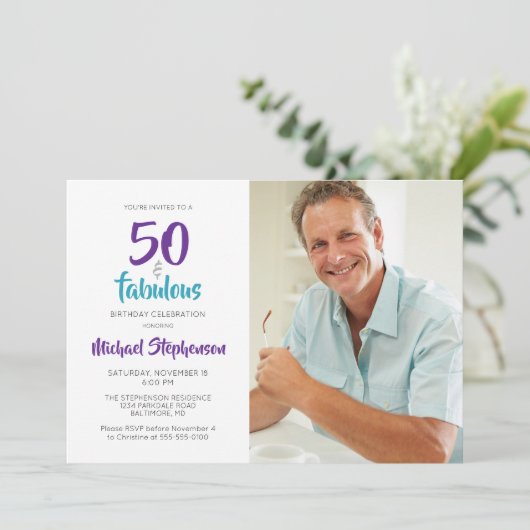 50枚目と素晴らしい50枚目の誕生日写真|ターコイズ 招待状 (スタンド正面)