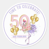50歳おめでとうピンクの花とフラミンゴ ラウンドシール (正面)