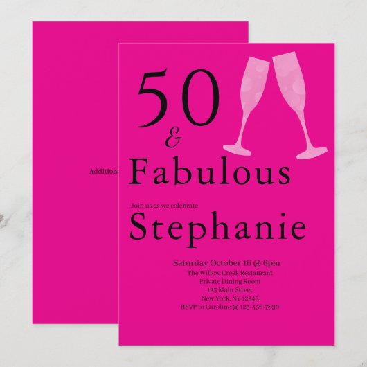 50歳おめでとう ブラック+ピンク 50歳の誕生日パーティー 招待状 (正面/裏面)