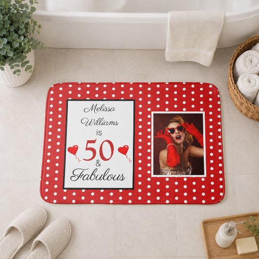 50歳おめでとう 名前入りフォト 50歳の誕生日 WH 赤 バスマット
