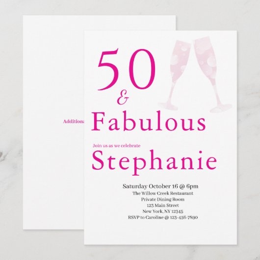 50歳おめでとう | 50歳の誕生日パーティー ピンク 招待状 (正面/裏面)