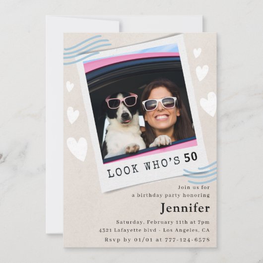 50歳おもしろいの誕生日招待状写真Look who's 招待状 (正面)