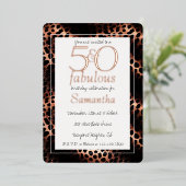 50歳でファビュラスなグリッター ローズゴールド レオパード 誕生日 箔招待状 (立ち正面)