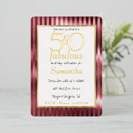 50歳でファビュラス ゴールドとレッドのストライプの誕生日 箔招待状