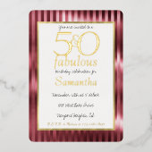 50歳でファビュラス ゴールドとレッドのストライプの誕生日 箔招待状 (正面)