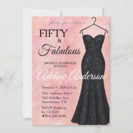 50歳でファビュラス ピンクの水彩 黒のグリッター 招待状