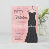 50歳でファビュラス ピンクの水彩 黒のグリッター 招待状 (スタンド正面)