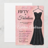 50歳でファビュラス ピンクの水彩 黒のグリッター 招待状 (正面/裏面)