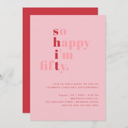 50歳で本当に嬉しい |ピンクレッドモダン誕生日 招待状 (正面/裏面)