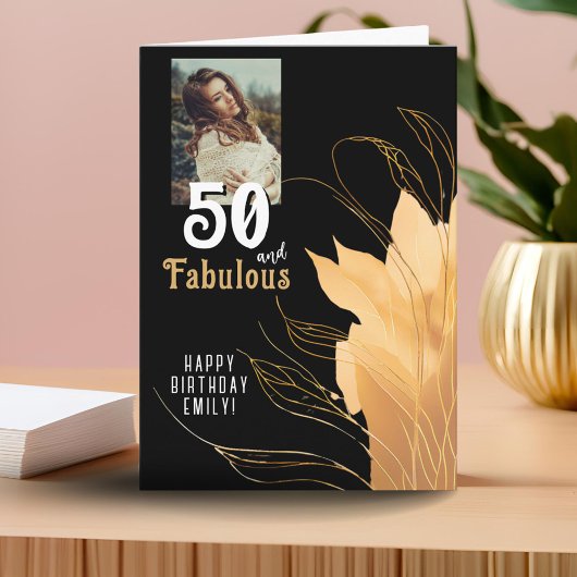 50歳で素敵なゴールドの葉のデザイン 50歳の誕生日写真 カード